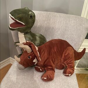 Plush Dinosaur Toy - Green T-Rex & Brown Triceratops Set